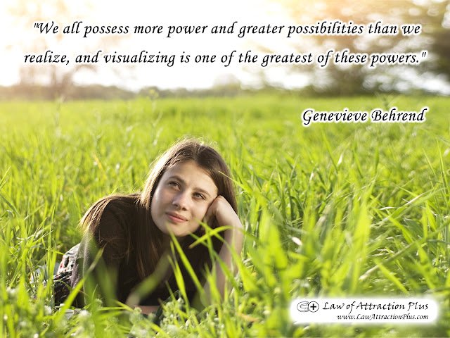 "We all possess more power and greater possibilities than we realize, and visualizing is one of the greatest of these powers." Genevieve Behrend (Wallpaper + Quote) Free Law of Attraction Wallpaper with Quote by Genevieve Behrend